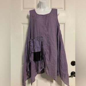 T20b- CHEYENNE Purple LAGENLOOK ARSTY LINEN Sleeveless Tunic Mini Dress